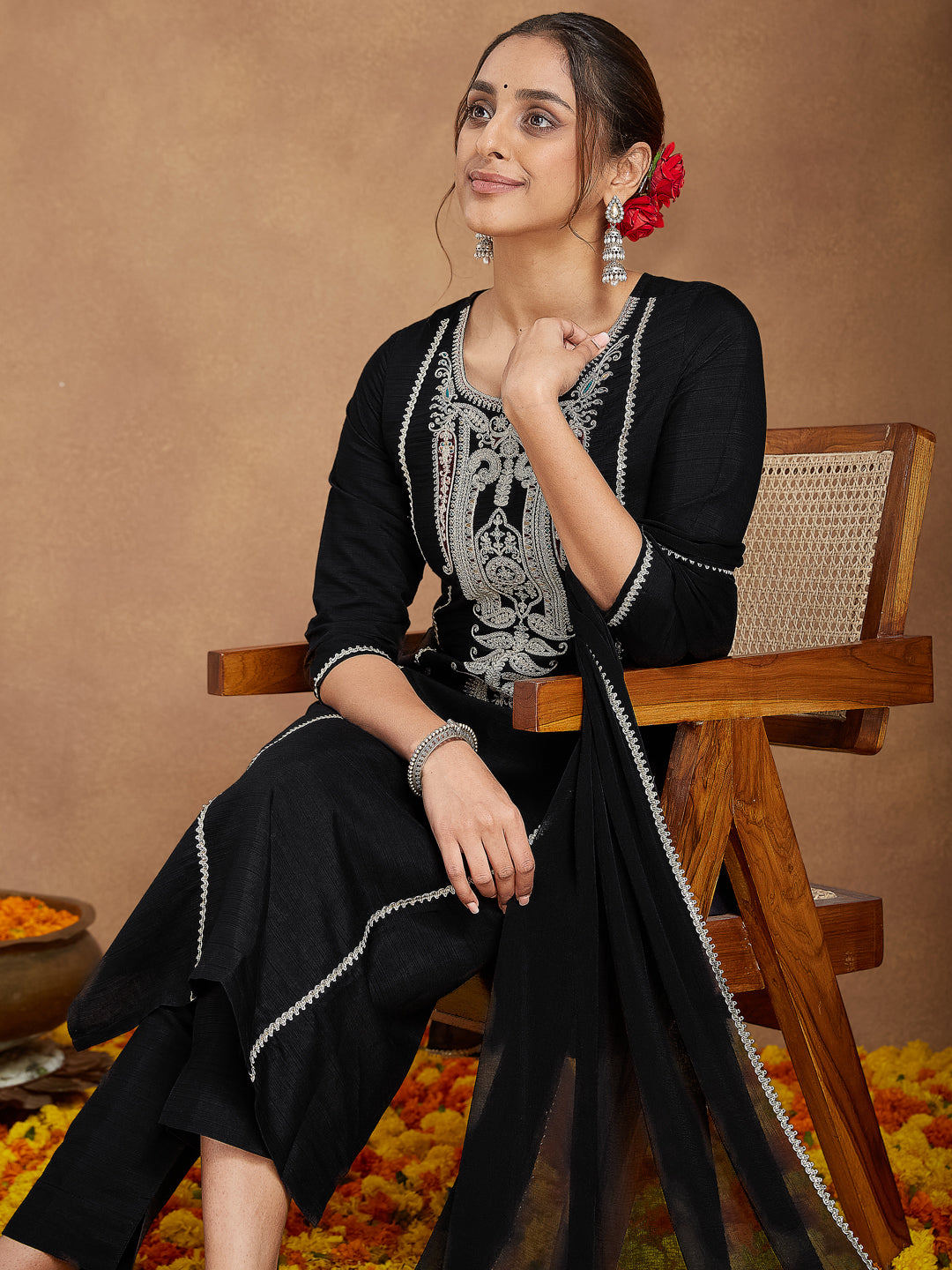 Janasya Women's Black Silk Blend Embroidered Straight Kurta Set