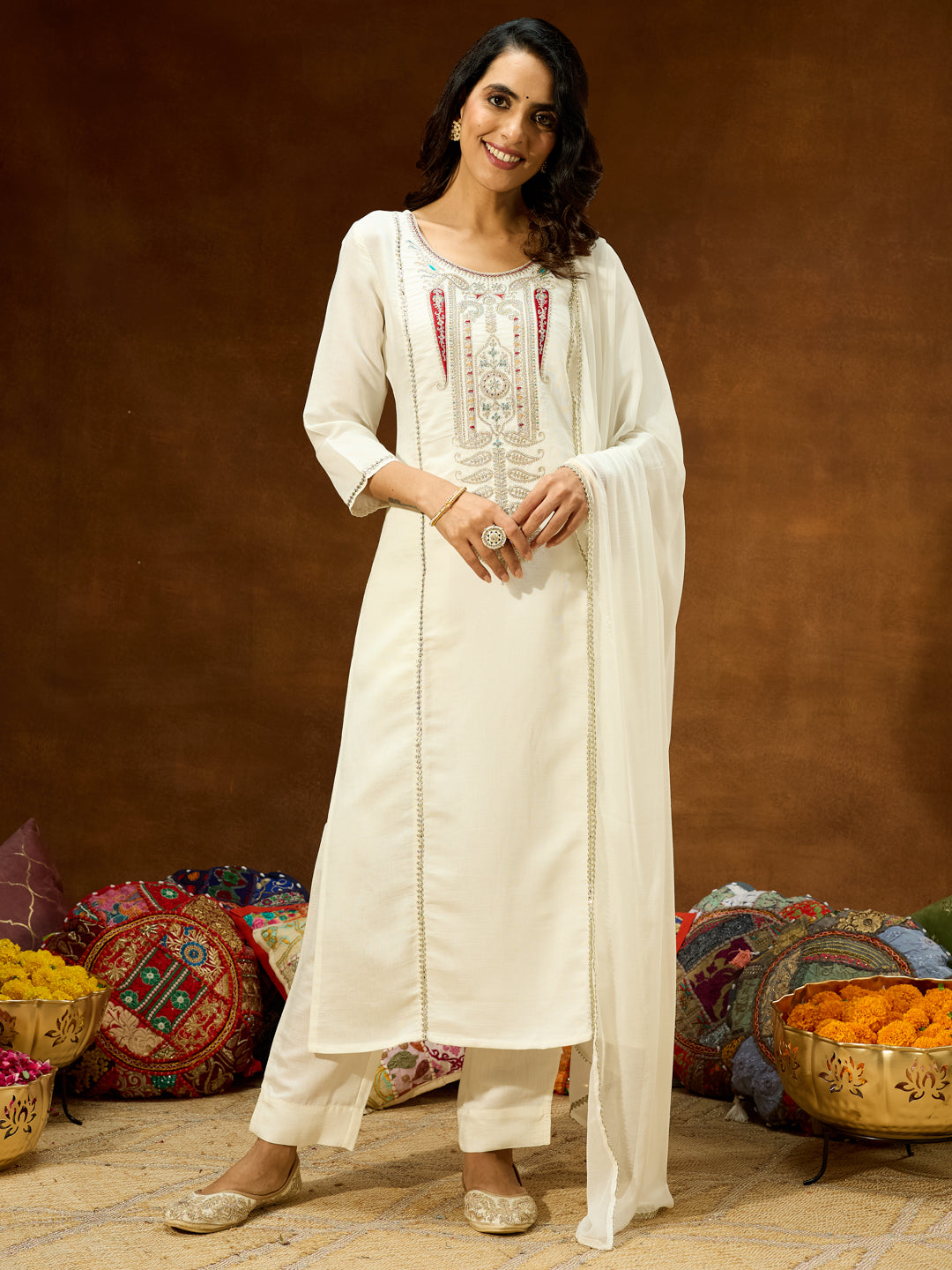 Janasya Women's White Silk Blend Embroidered Straight Kurta Set