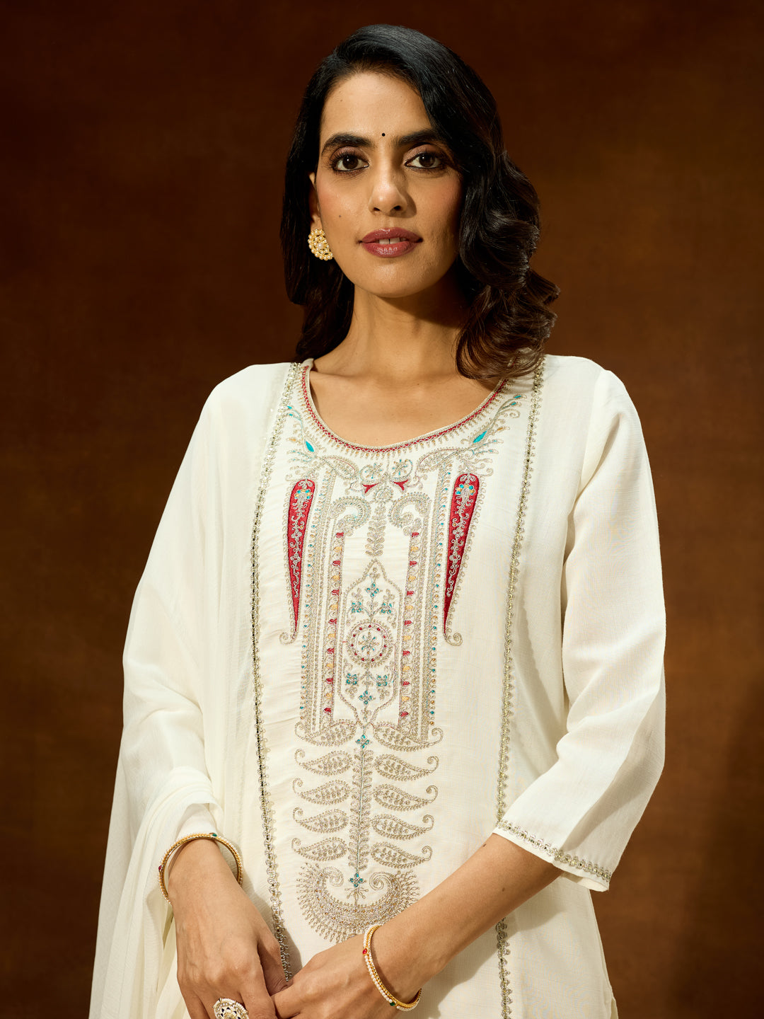 Janasya Women's White Silk Blend Embroidered Straight Kurta Set