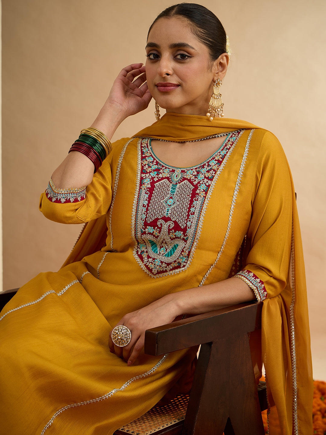 Janasya Women's Mustard Silk Blend Embroidered Straight Kurta Set