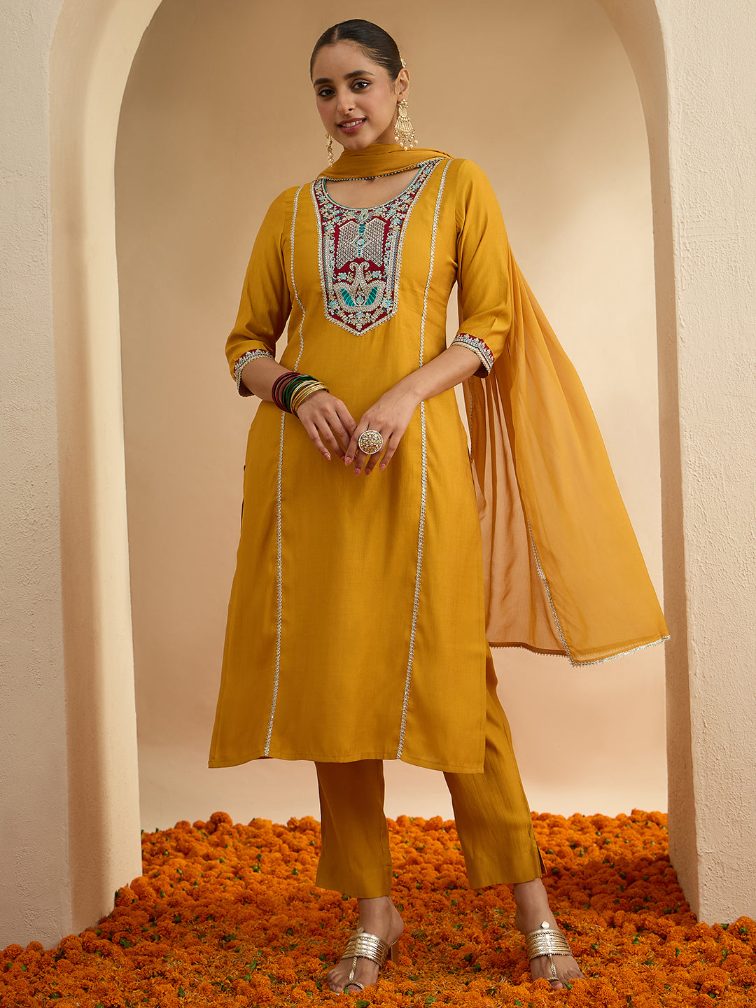 Janasya Women's Mustard Silk Blend Embroidered Straight Kurta Set