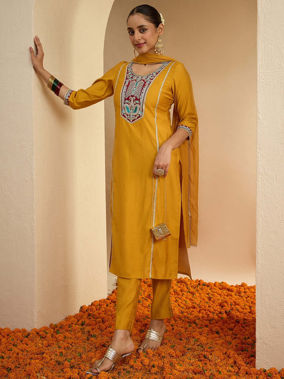 Janasya Women's Mustard Silk Blend Embroidered Straight Kurta Set