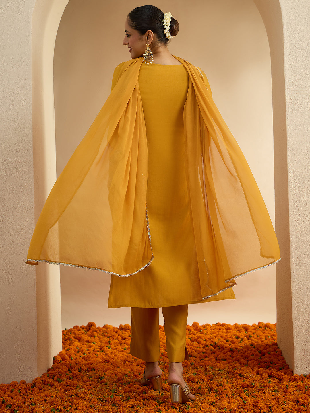 Janasya Women's Mustard Silk Blend Embroidered Straight Kurta Set