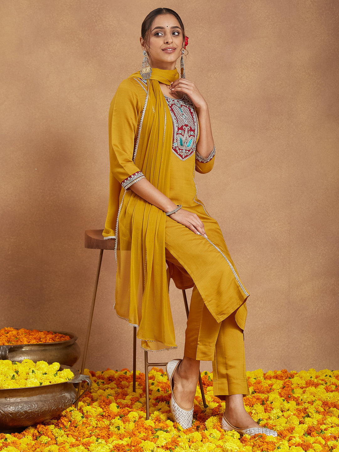 Janasya Women's Mustard Silk Blend Embroidered Straight Kurta Set
