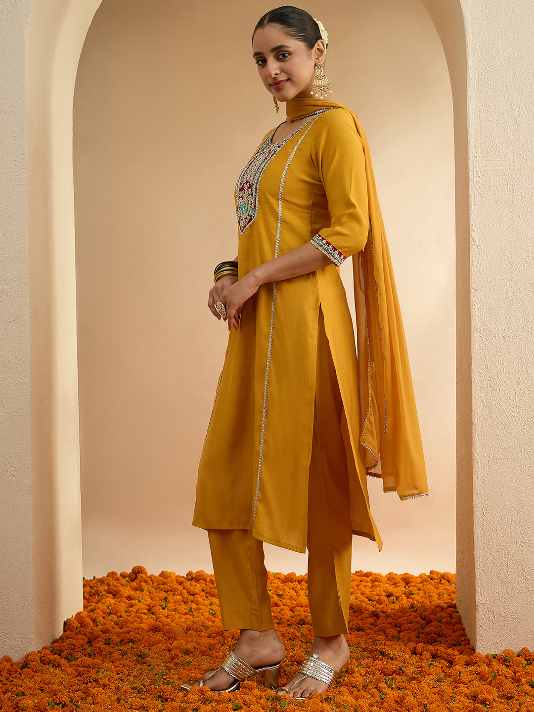 Janasya Women's Mustard Silk Blend Embroidered Straight Kurta Set