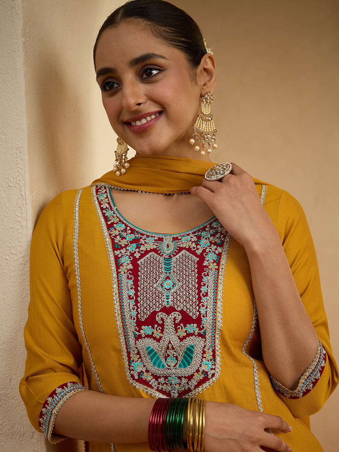 Janasya Women's Mustard Silk Blend Embroidered Straight Kurta Set