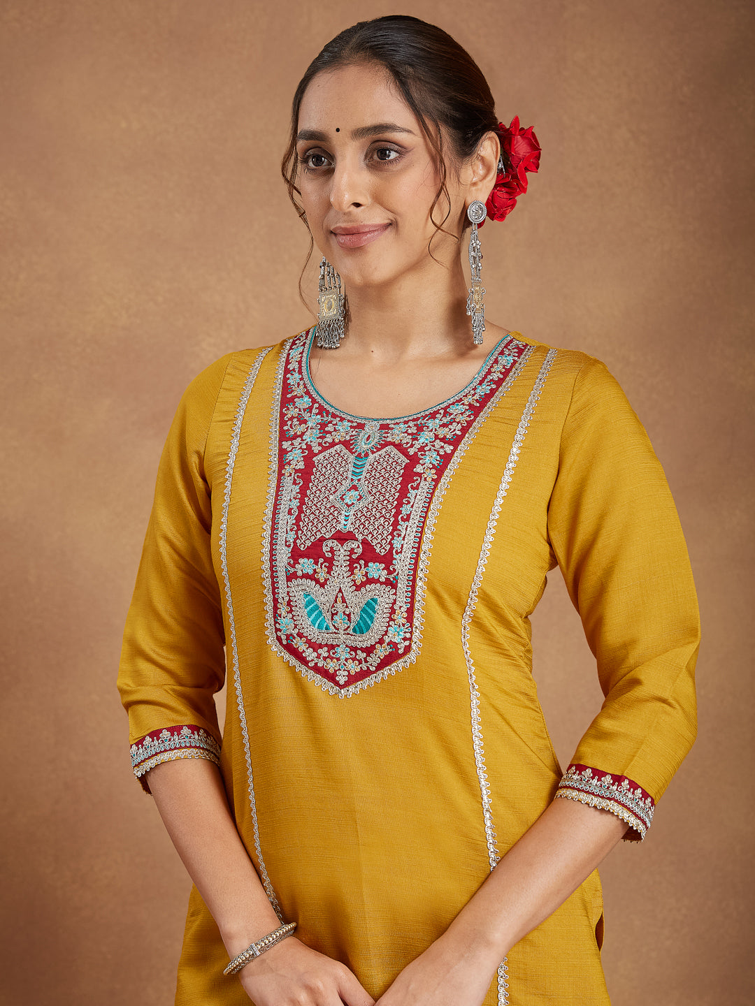 Janasya Women's Mustard Silk Blend Embroidered Straight Kurta Set