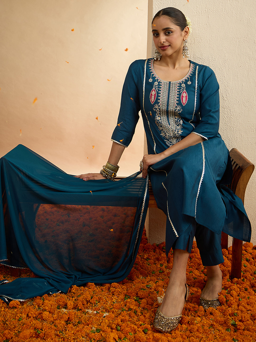 Janasya Women's Teal Blue Silk Blend Floral Zari Embroidered Straight Kurta Set