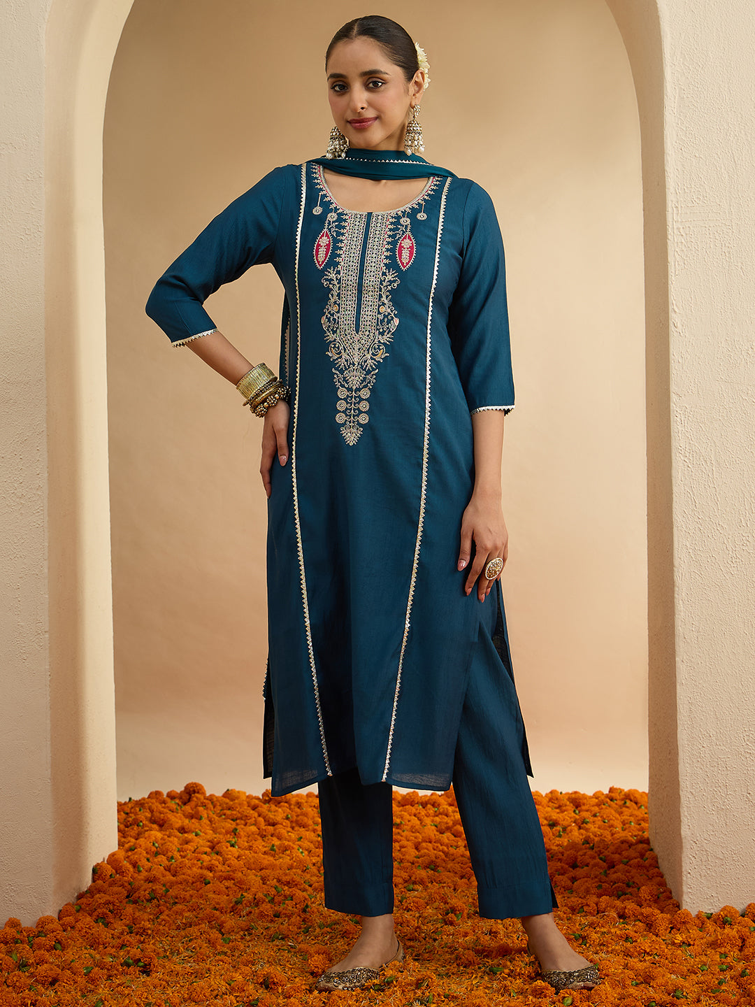 Janasya Women's Teal Blue Silk Blend Floral Zari Embroidered Straight Kurta Set
