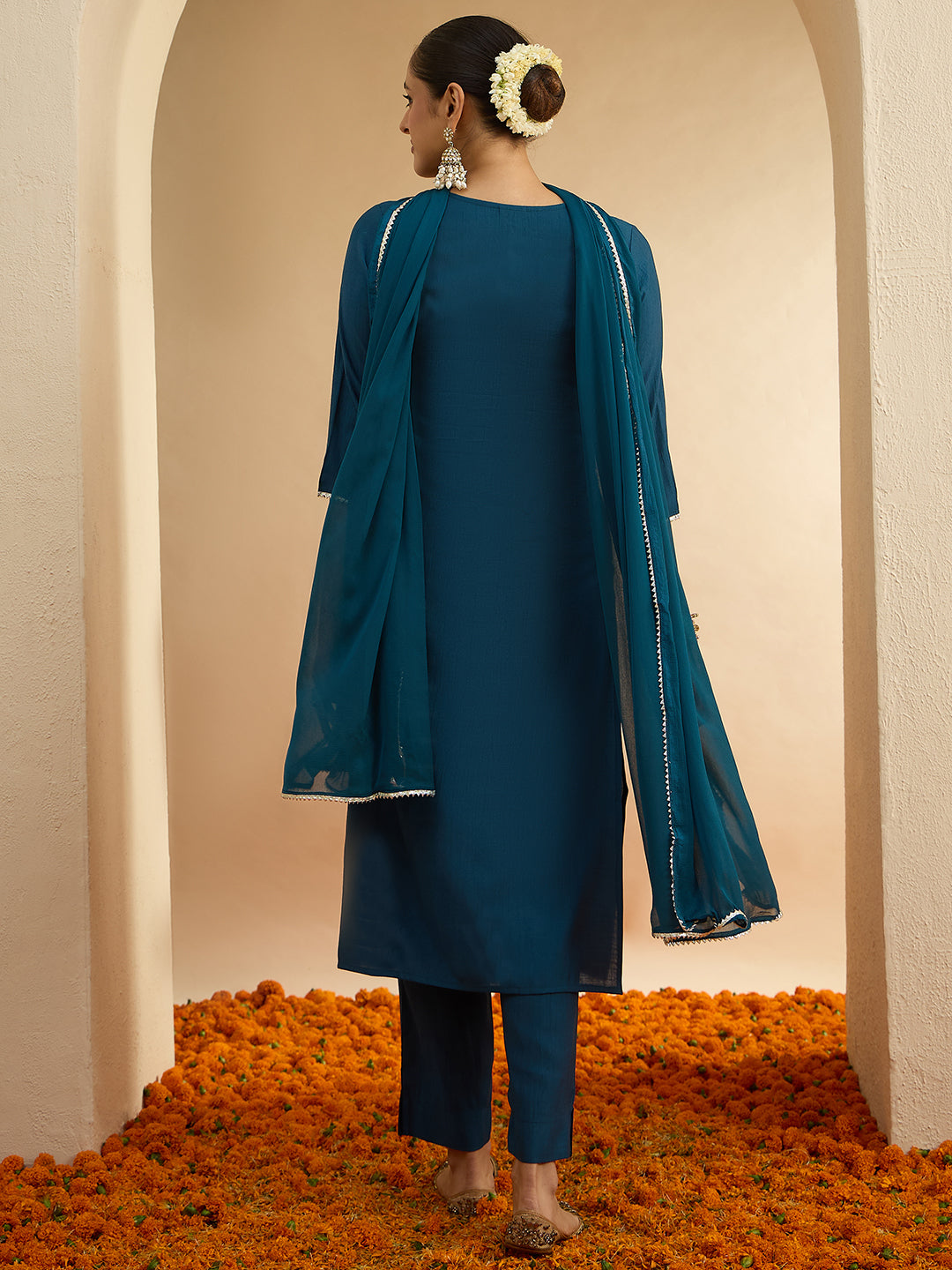 Janasya Women's Teal Blue Silk Blend Floral Zari Embroidered Straight Kurta Set