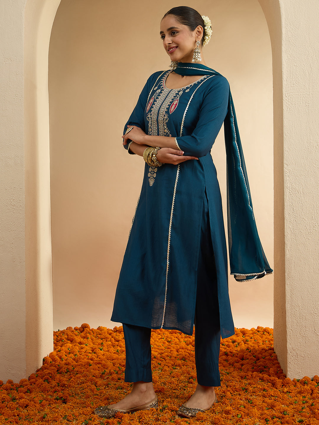 Janasya Women's Teal Blue Silk Blend Floral Zari Embroidered Straight Kurta Set
