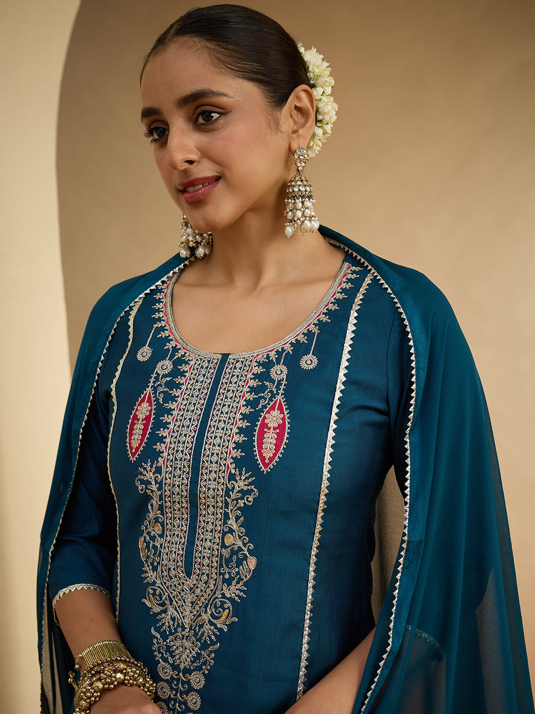 Janasya Women's Teal Blue Silk Blend Floral Zari Embroidered Straight Kurta Set