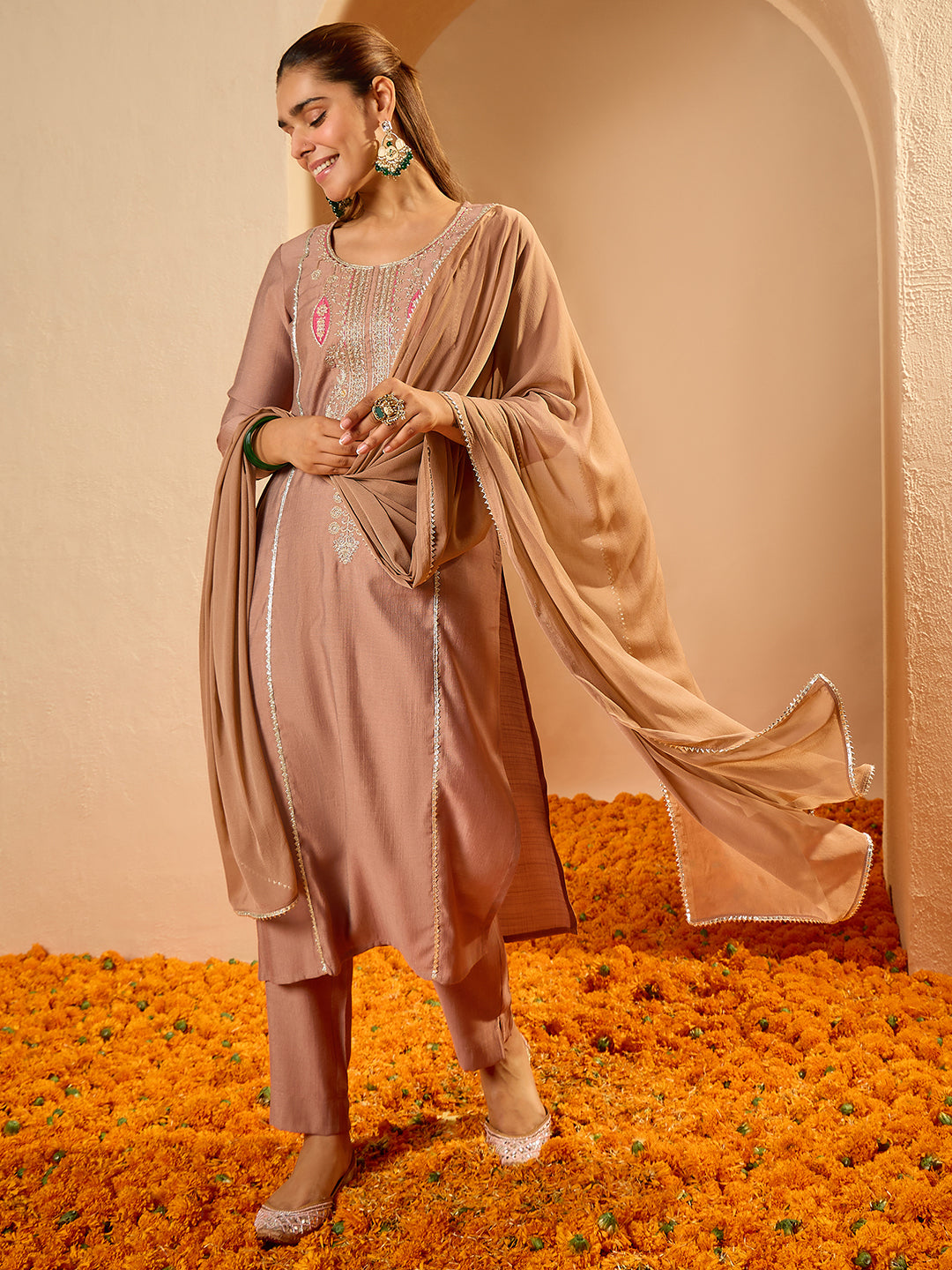 Janasya Women's Brown Silk Blend Embroidered Straight Kurta Set