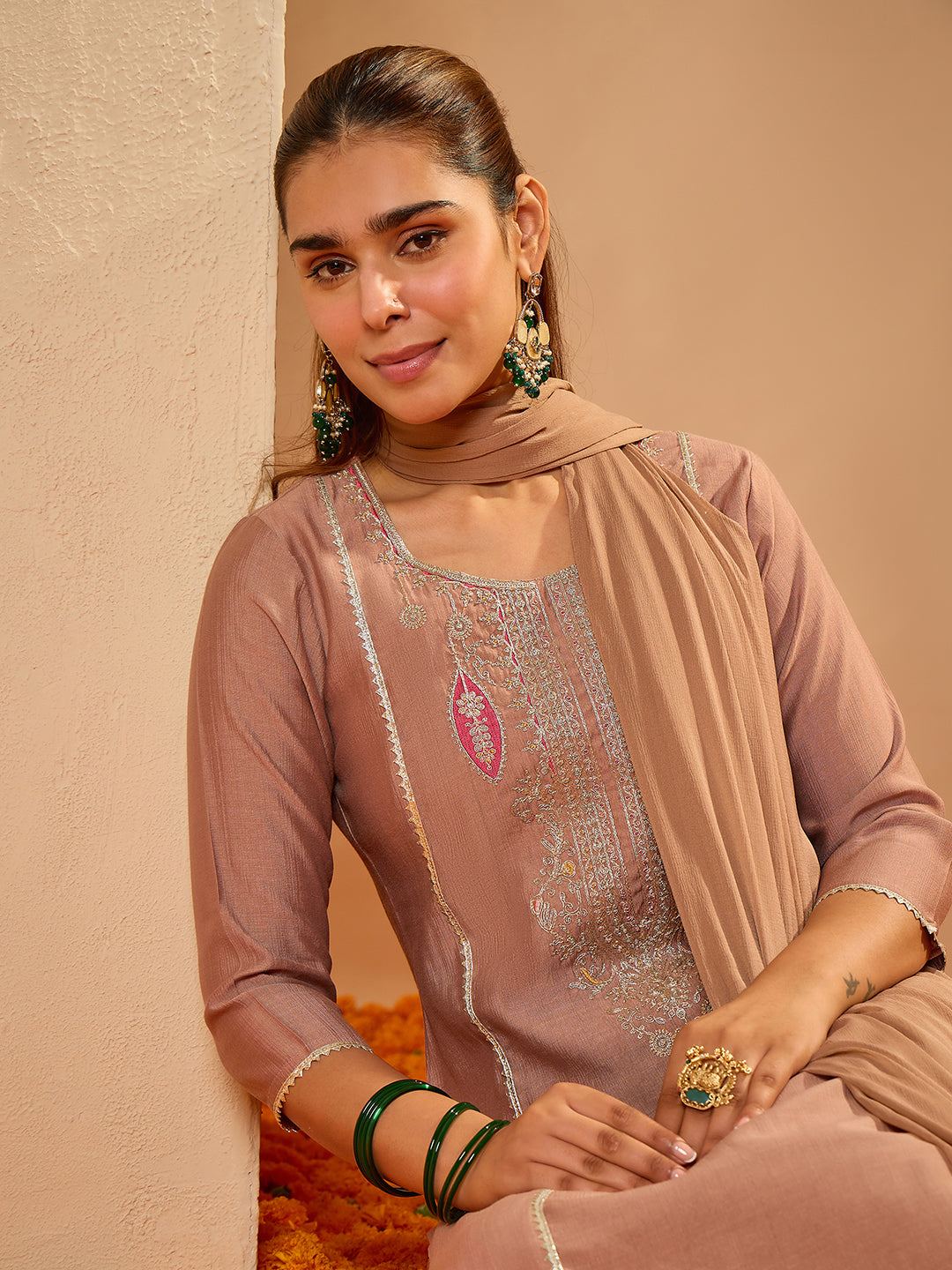 Janasya Women's Brown Silk Blend Embroidered Straight Kurta Set