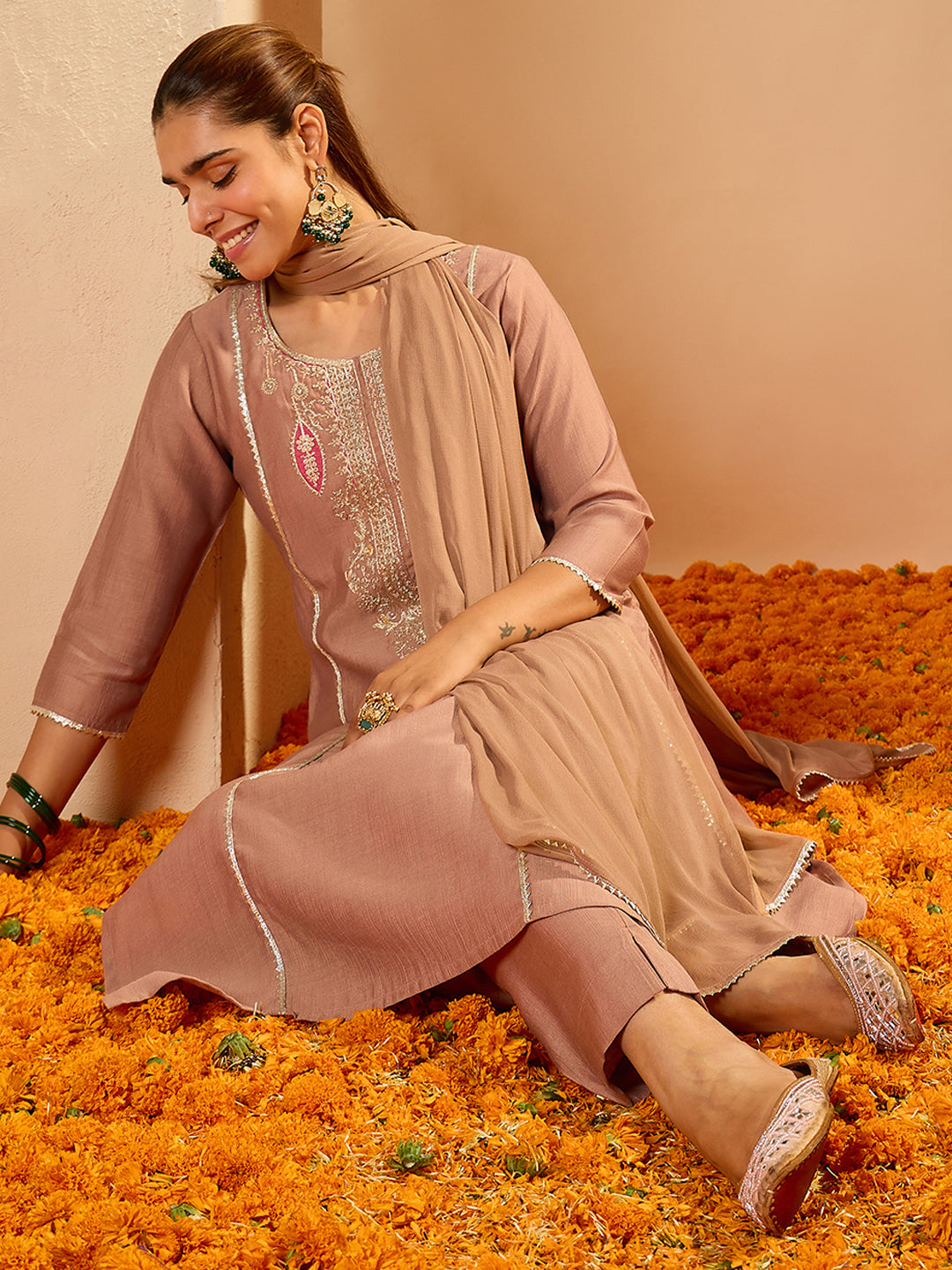 Janasya Women's Brown Silk Blend Embroidered Straight Kurta Set