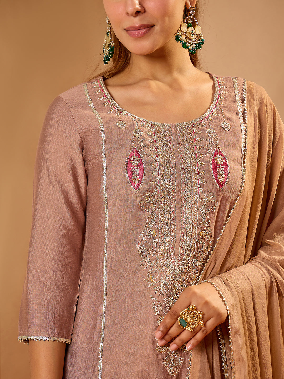 Janasya Women's Brown Silk Blend Embroidered Straight Kurta Set