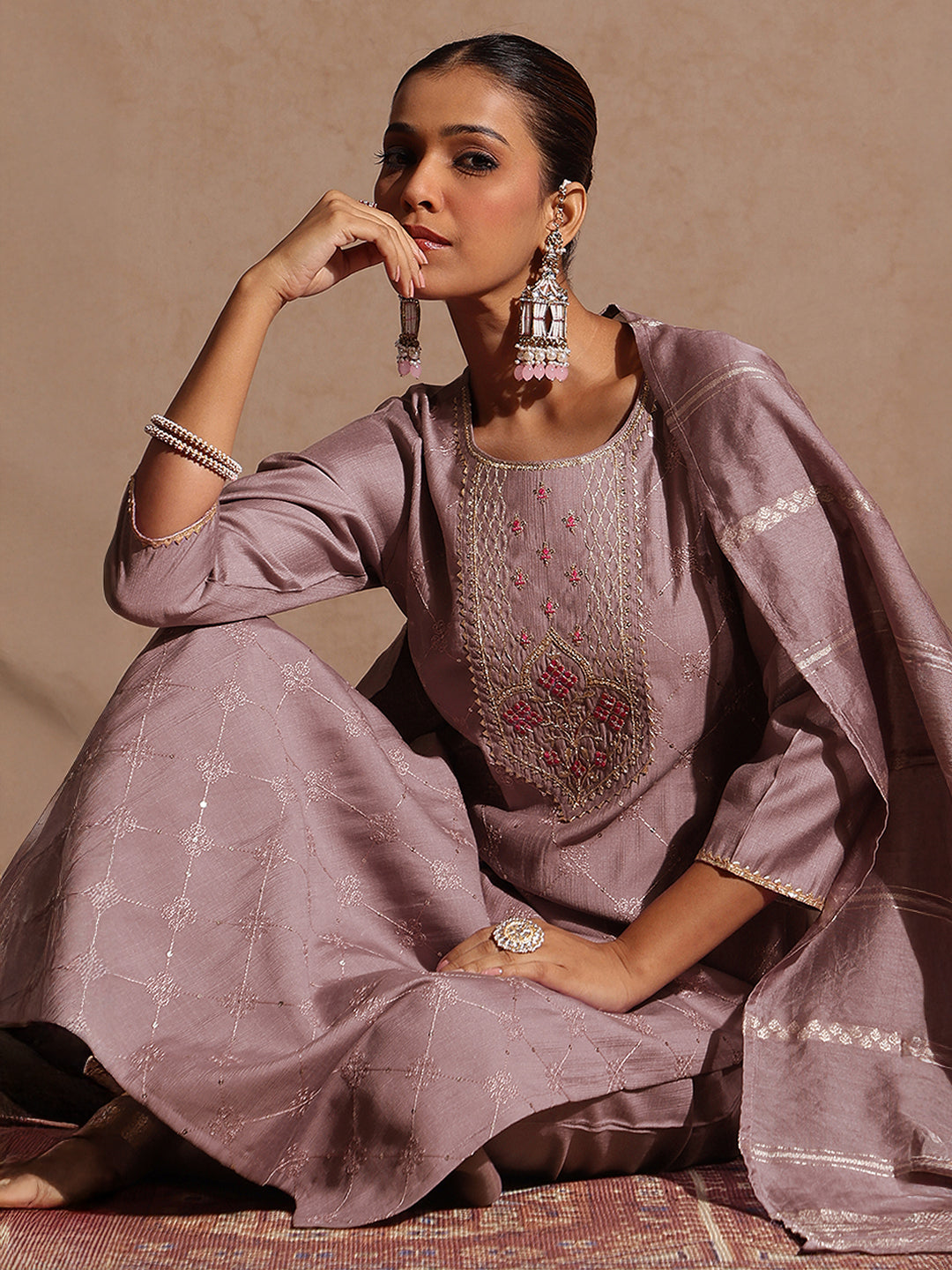 Janasya Women's Brown Silk Blend Embellished Straight Kurta Set