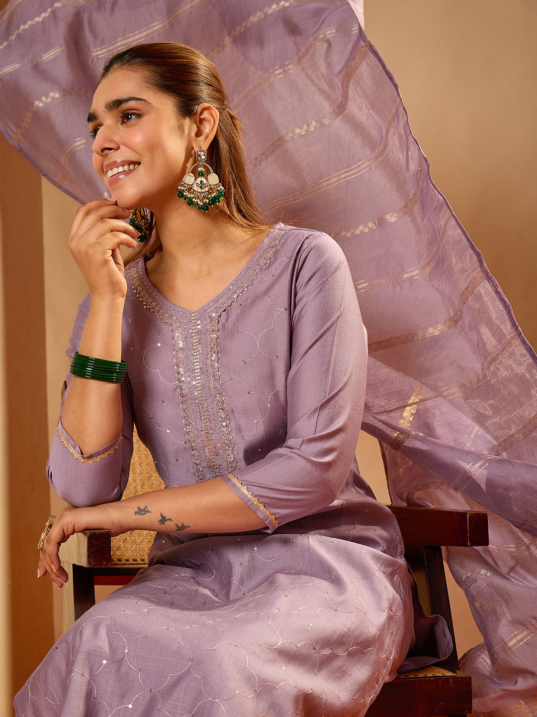 Janasya Women's Lavender Silk Blend Embellished Straight Kurta Set