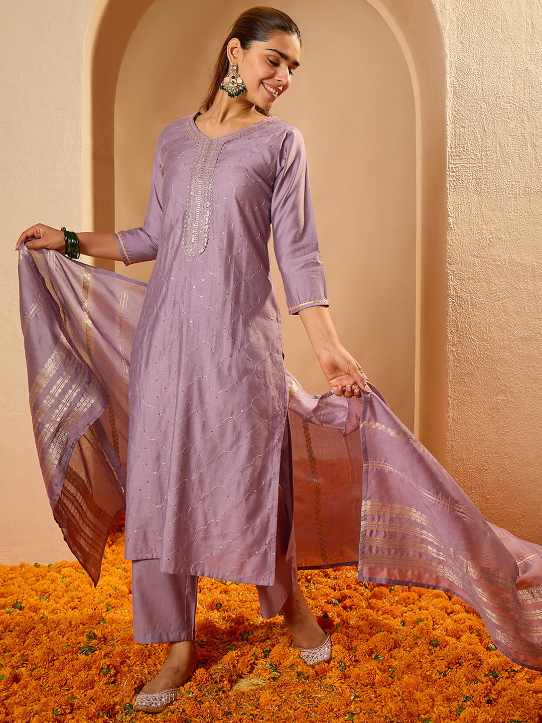 Janasya Women's Lavender Silk Blend Embellished Straight Kurta Set