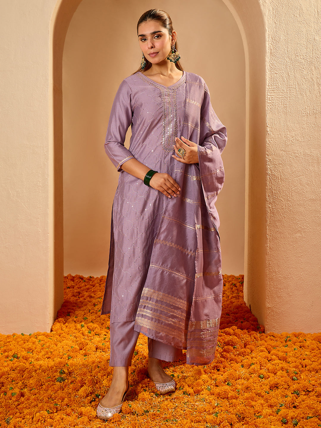 Janasya Women's Lavender Silk Blend Embellished Straight Kurta Set