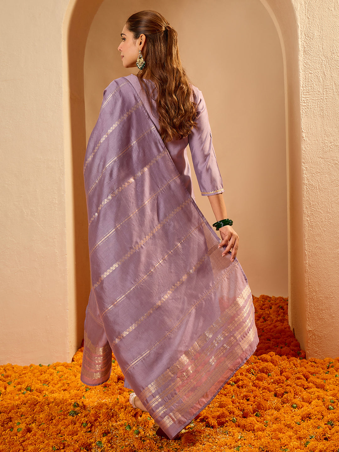 Janasya Women's Lavender Silk Blend Embellished Straight Kurta Set