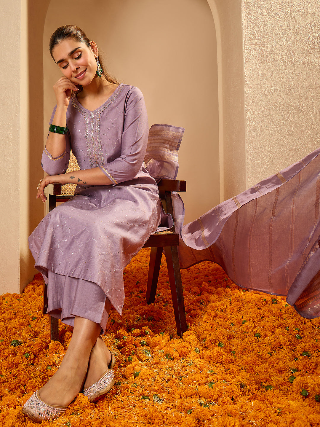 Janasya Women's Lavender Silk Blend Embellished Straight Kurta Set
