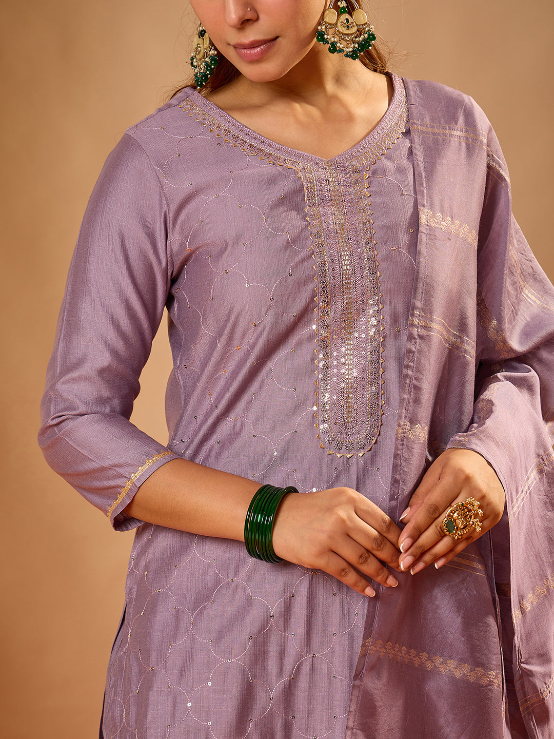 Janasya Women's Lavender Silk Blend Embellished Straight Kurta Set