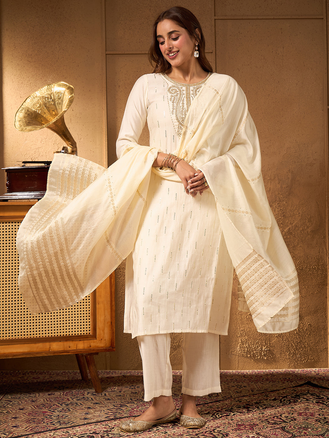 Janasya Women's Off White Silk Blend Zari Embroidered Straight Kurta Set with Jacquard Dupatta