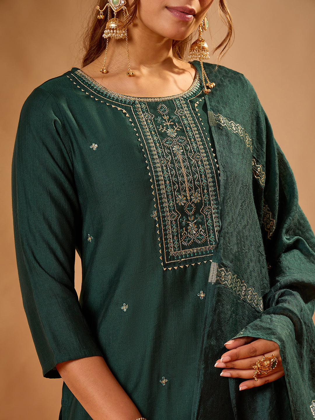 Janasya Women's Bottle Green Silk Blend Floral Embroidered Straight Kurta Set