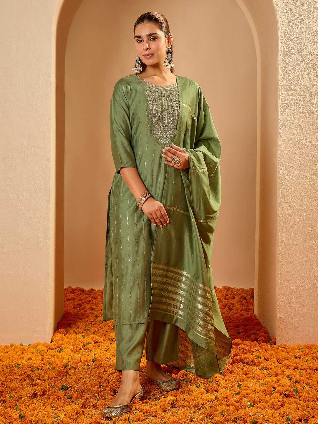 Janasya Women's Sage Green Silk Blend Embroidered Straight Kurta Set