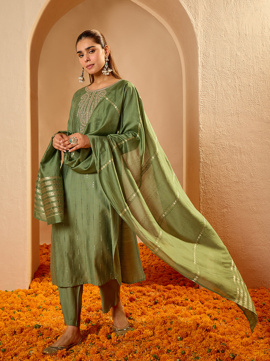 Janasya Women's Sage Green Silk Blend Embroidered Straight Kurta Set