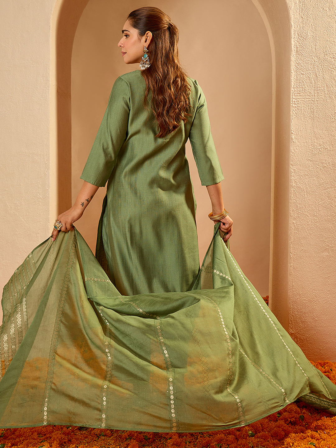 Janasya Women's Sage Green Silk Blend Embroidered Straight Kurta Set