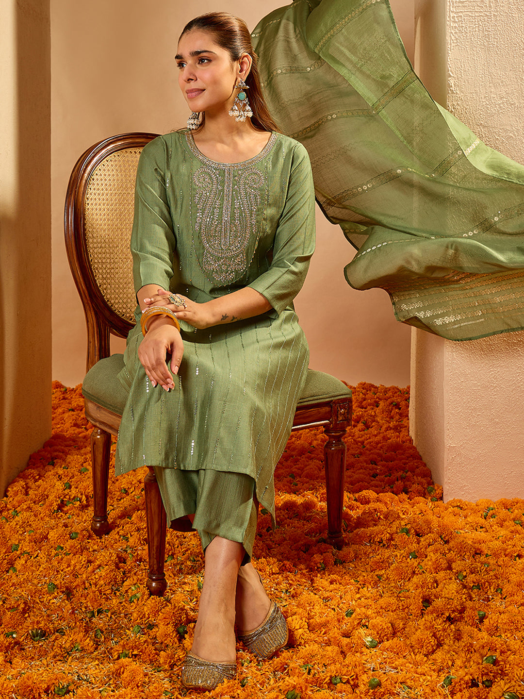 Janasya Women's Sage Green Silk Blend Embroidered Straight Kurta Set