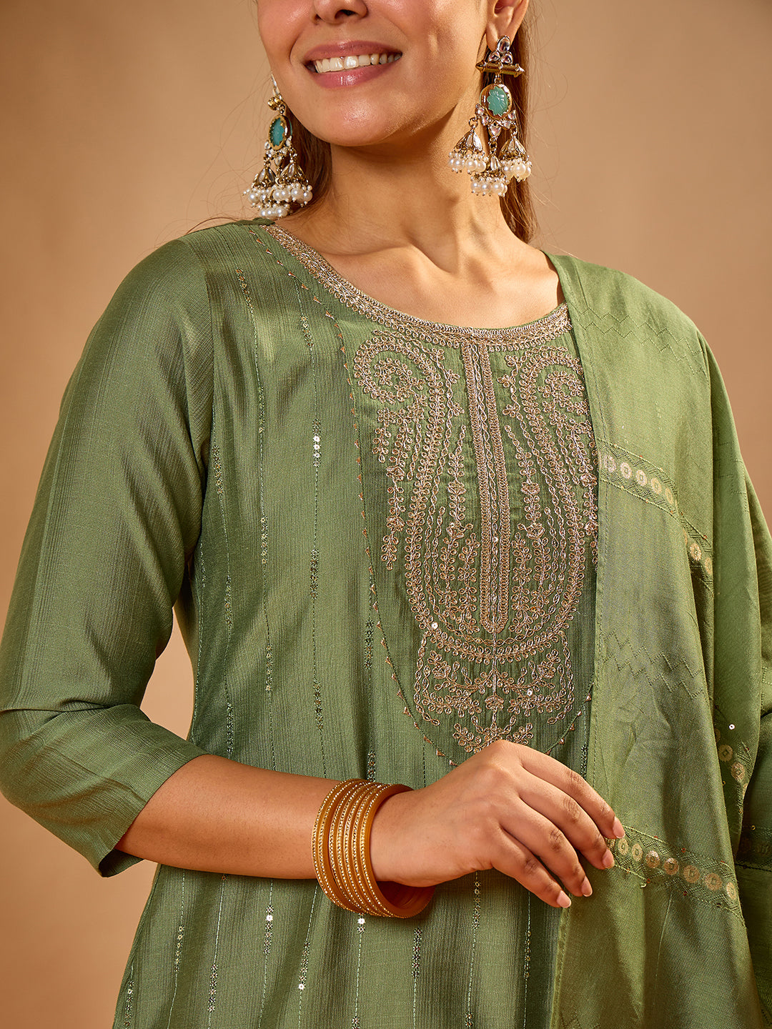 Janasya Women's Sage Green Silk Blend Embroidered Straight Kurta Set