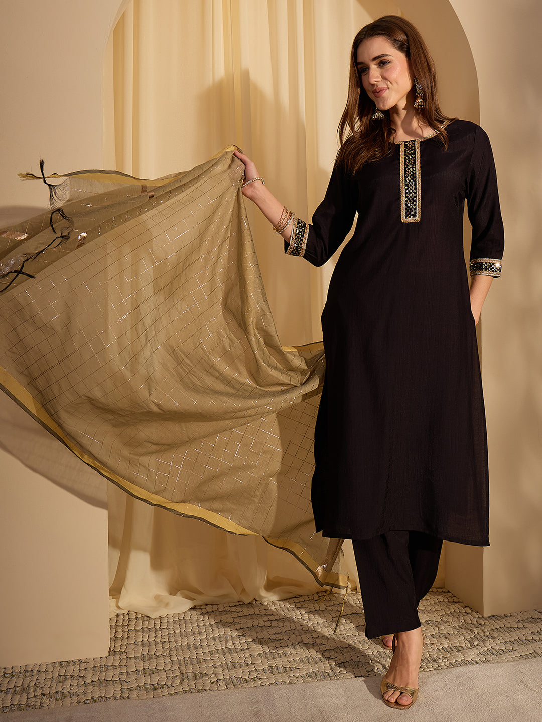 Janasya Women's Black Silk Blend Embellished Straight Kurta Set