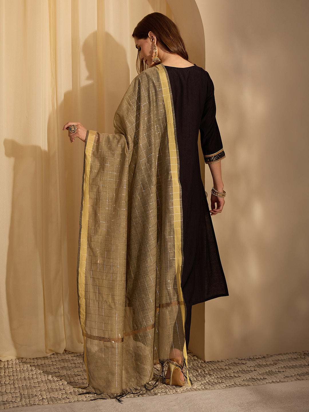 Janasya Women's Black Silk Blend Embellished Straight Kurta Set