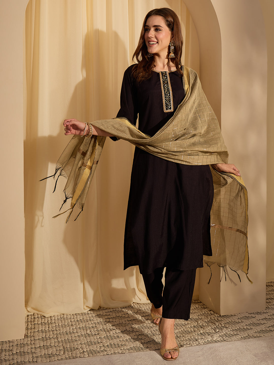 Janasya Women's Black Silk Blend Embellished Straight Kurta Set