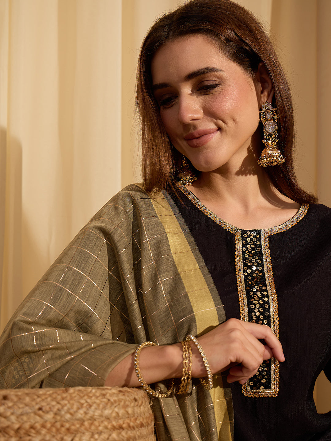 Janasya Women's Black Silk Blend Embellished Straight Kurta Set