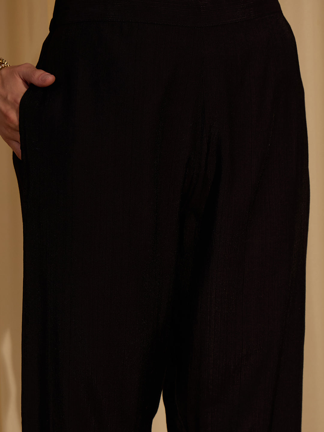 Janasya Women's Black Silk Blend Embellished Straight Kurta Set