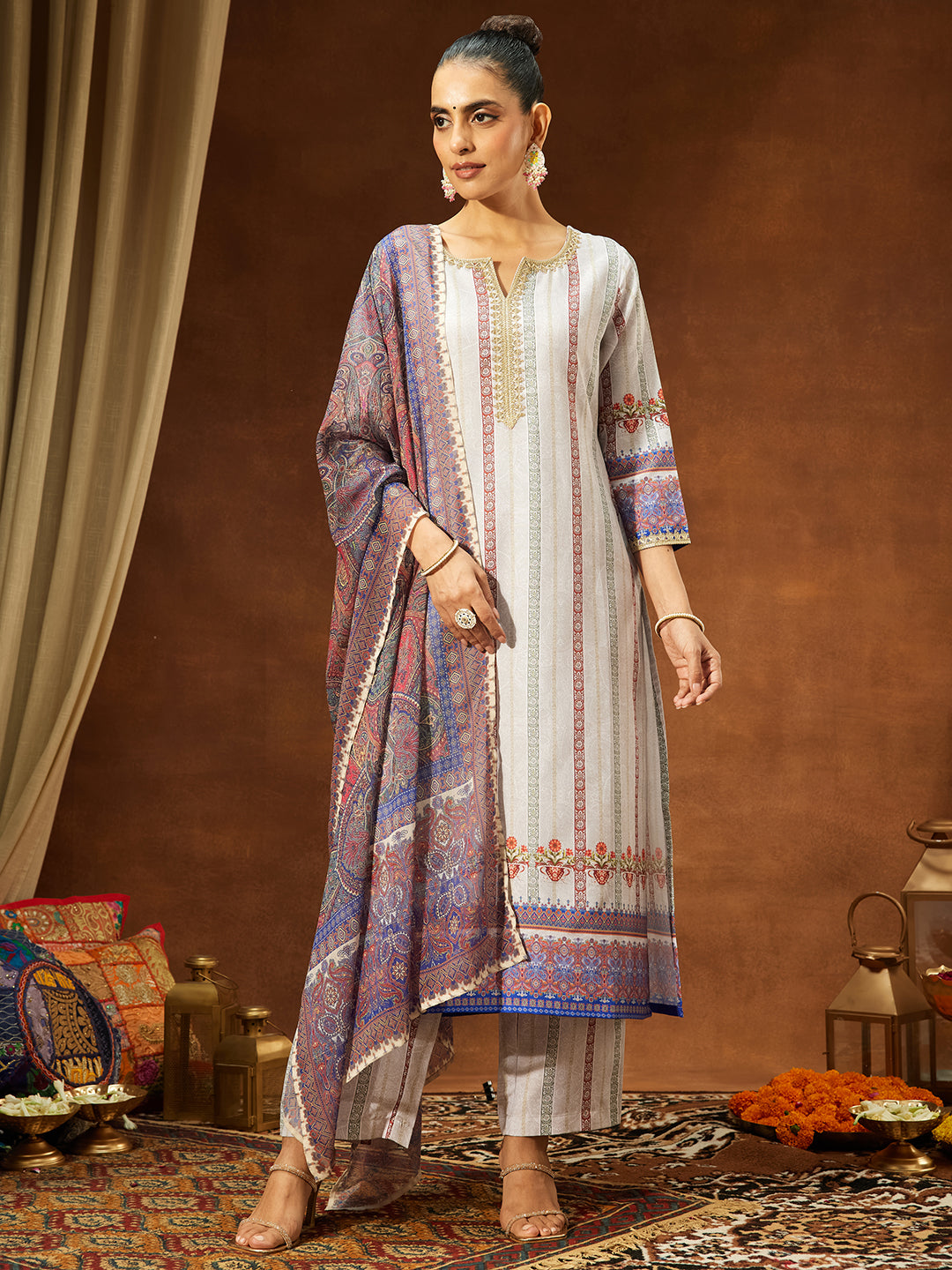 Janasya Women's Multicolor Cotton Blend Printed Straight Kurta Set