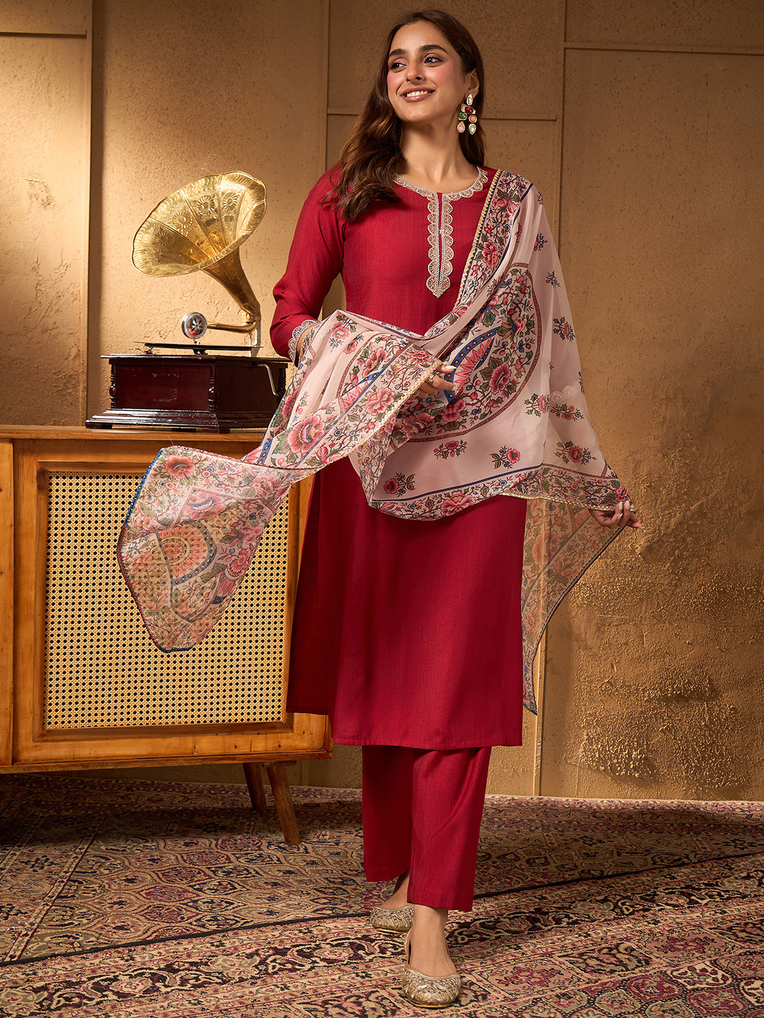 Janasya Women's Maroon Silk Blend Embellished Straight Kurta Set with Printed Dupatta