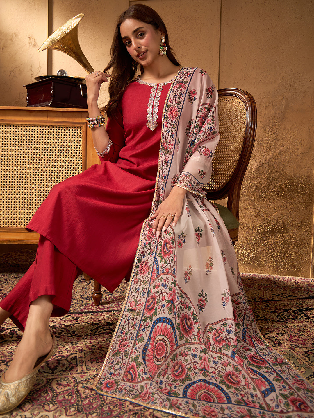 Janasya Women's Maroon Silk Blend Embellished Straight Kurta Set with Printed Dupatta