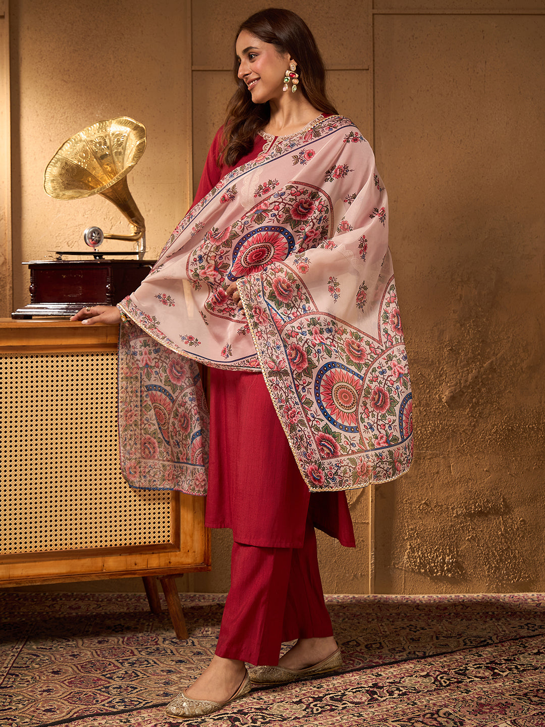 Janasya Women's Maroon Silk Blend Embellished Straight Kurta Set with Printed Dupatta