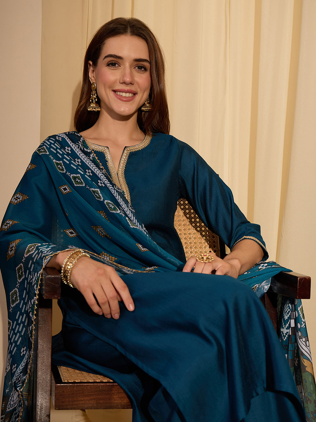 Janasya Women's Teal Blue Silk Blend Yoke Design Straight Kurta Set With Printed Dupatta
