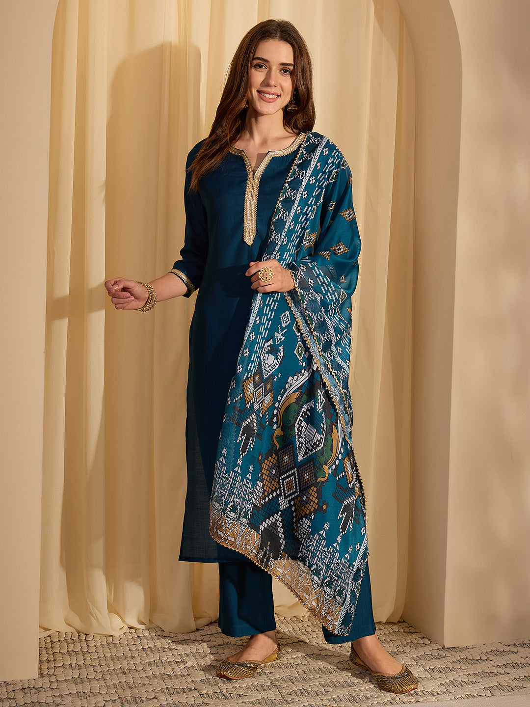 Janasya Women's Teal Blue Silk Blend Yoke Design Straight Kurta Set With Printed Dupatta