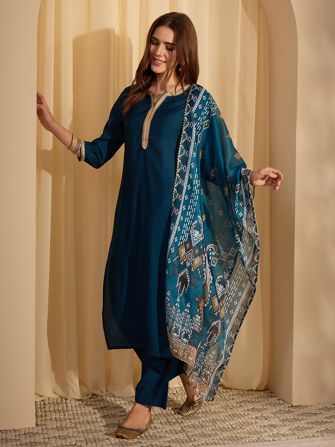 Janasya Women's Teal Blue Silk Blend Yoke Design Straight Kurta Set With Printed Dupatta