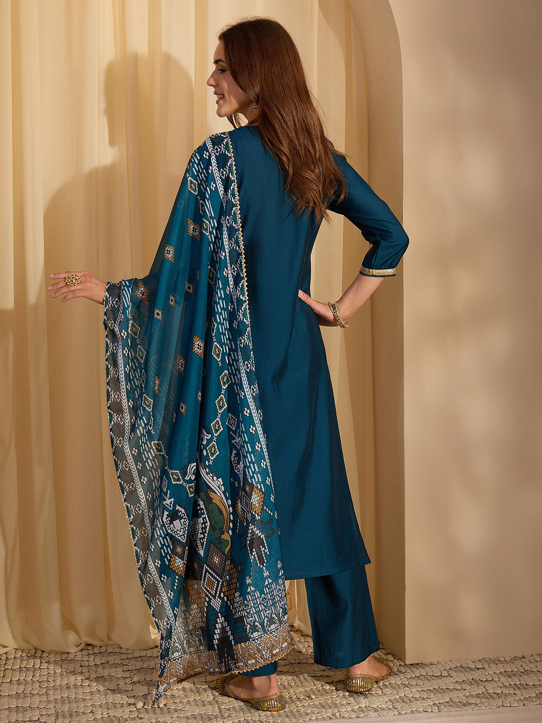 Janasya Women's Teal Blue Silk Blend Yoke Design Straight Kurta Set With Printed Dupatta