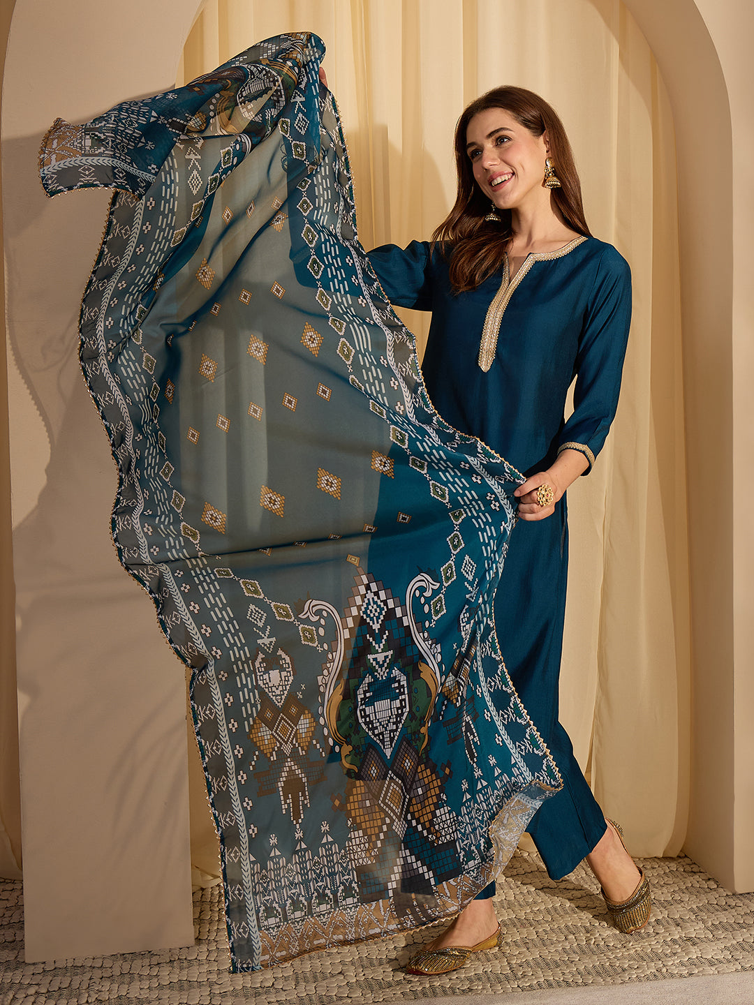 Janasya Women's Teal Blue Silk Blend Yoke Design Straight Kurta Set With Printed Dupatta