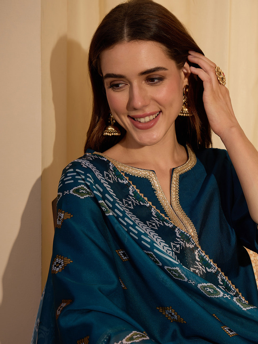 Janasya Women's Teal Blue Silk Blend Yoke Design Straight Kurta Set With Printed Dupatta