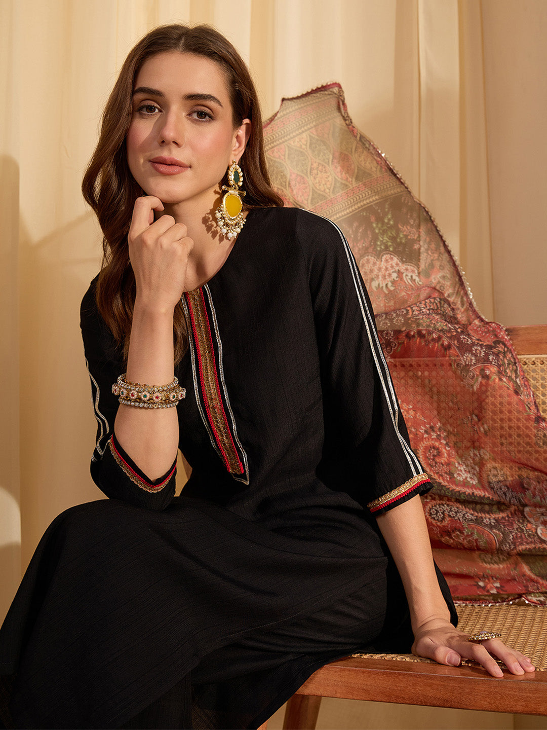 Janasya Women's Black Silk Blend Embellished Straight Kurta Set